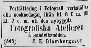 J. E. Blombergsson annons i Helsingen den 15 juli år 1865.