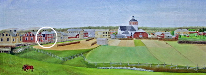 Målning av stadsdelen Bro i Bollnäs, ca. 1875, Carl Eriks gård är inringad, okänd konstnär, Bollnäs museum.