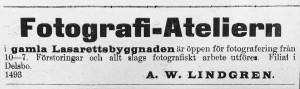 A. W. Lindgren annons i Hudiksvallsposten 1897-06-03.