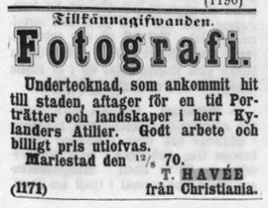 T. Havée annons i Mariestads Weckoblad den 17 augusti 1870.