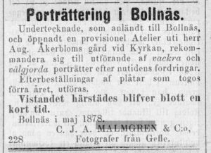 C. J. A. Malmgren annons i Bollnäs Tidning den 1 juni 1878.