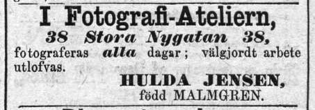 Hulda Jensen annons i Dagens Nyheter 6 september 1878.