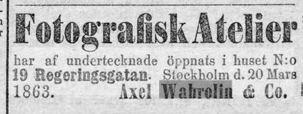Axel Wahrolin & Co. annons i Aftonbladet 1863-03-23.