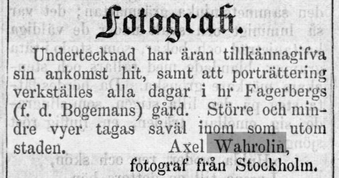 Axel Wahrolin annons i Hvad Nytt 1863-10-02.