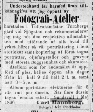 Carl Mannberg annons i Norrländska Korrespondenten 1866-05-29.