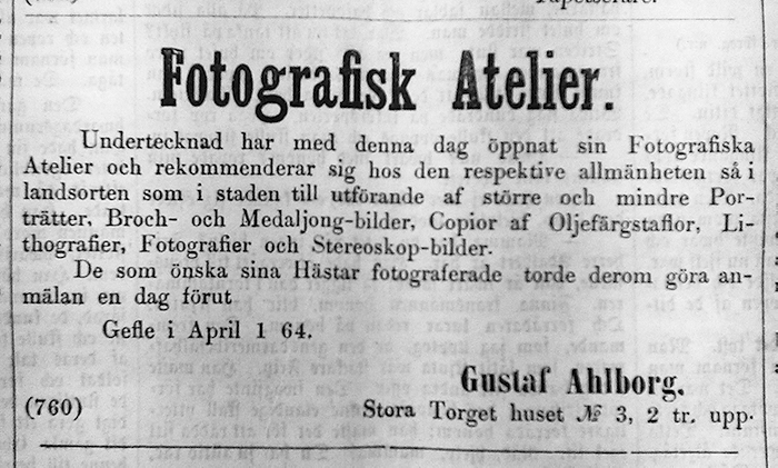 Gustaf Ahlborg annons i Norrlands Posten 1864-04-04.