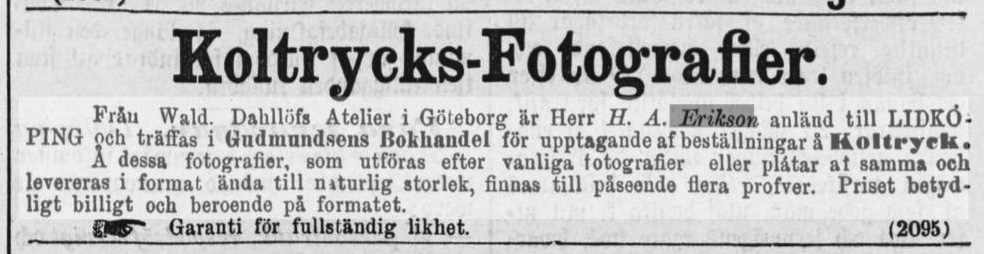 H. A. Erikson annons i Lidköpings Tidning 1886-11-03.