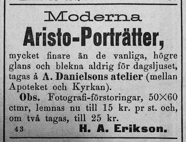 H. A. Eriksson annons i Söderhamns Tidningen 1892-01-09.